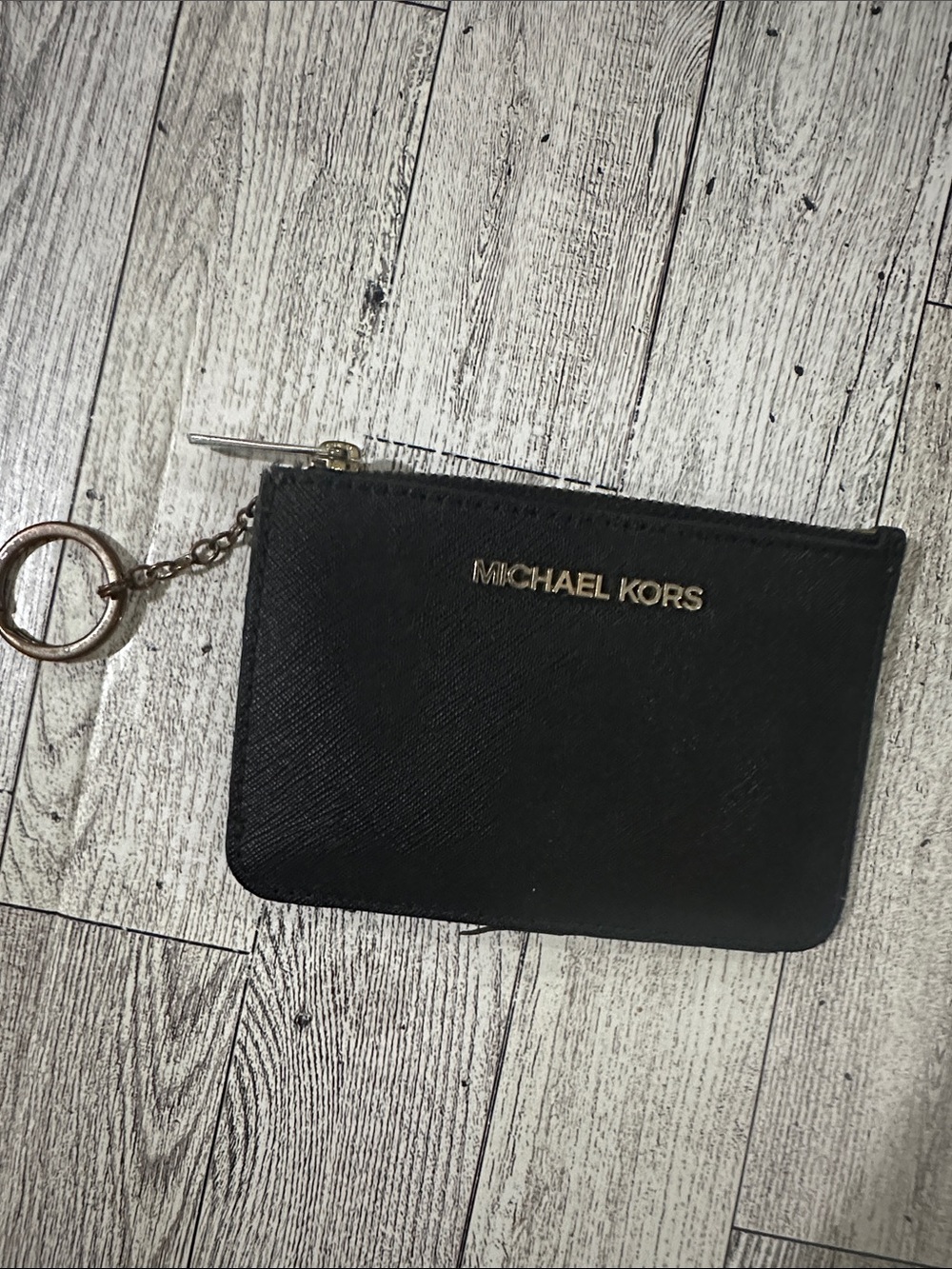 Michael Kors Black Leather Zip Card Case with Gold Keyring